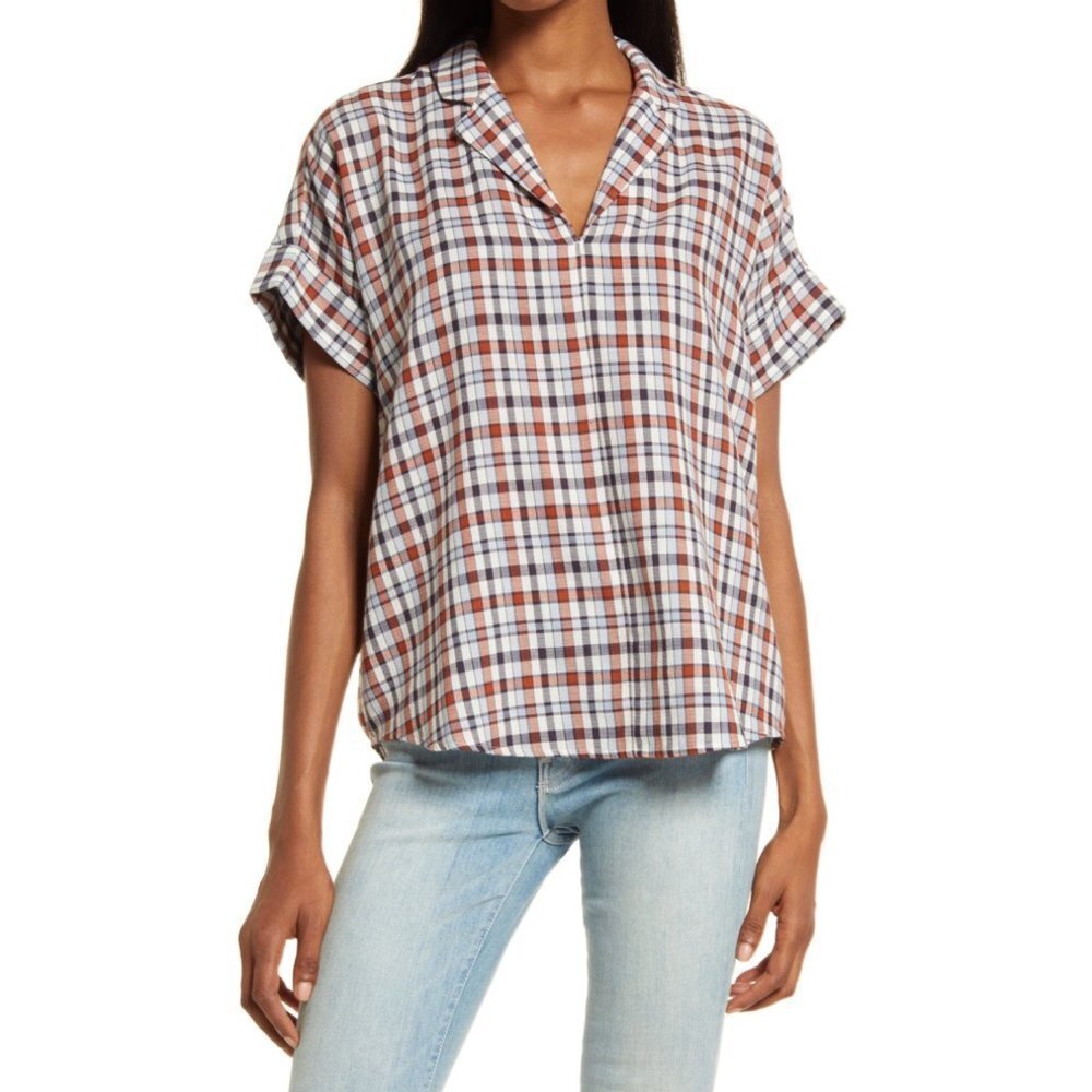 Madewell Blouse Women Small  Multi Plaid Pullover Hayden Popover Burlin Relaxed